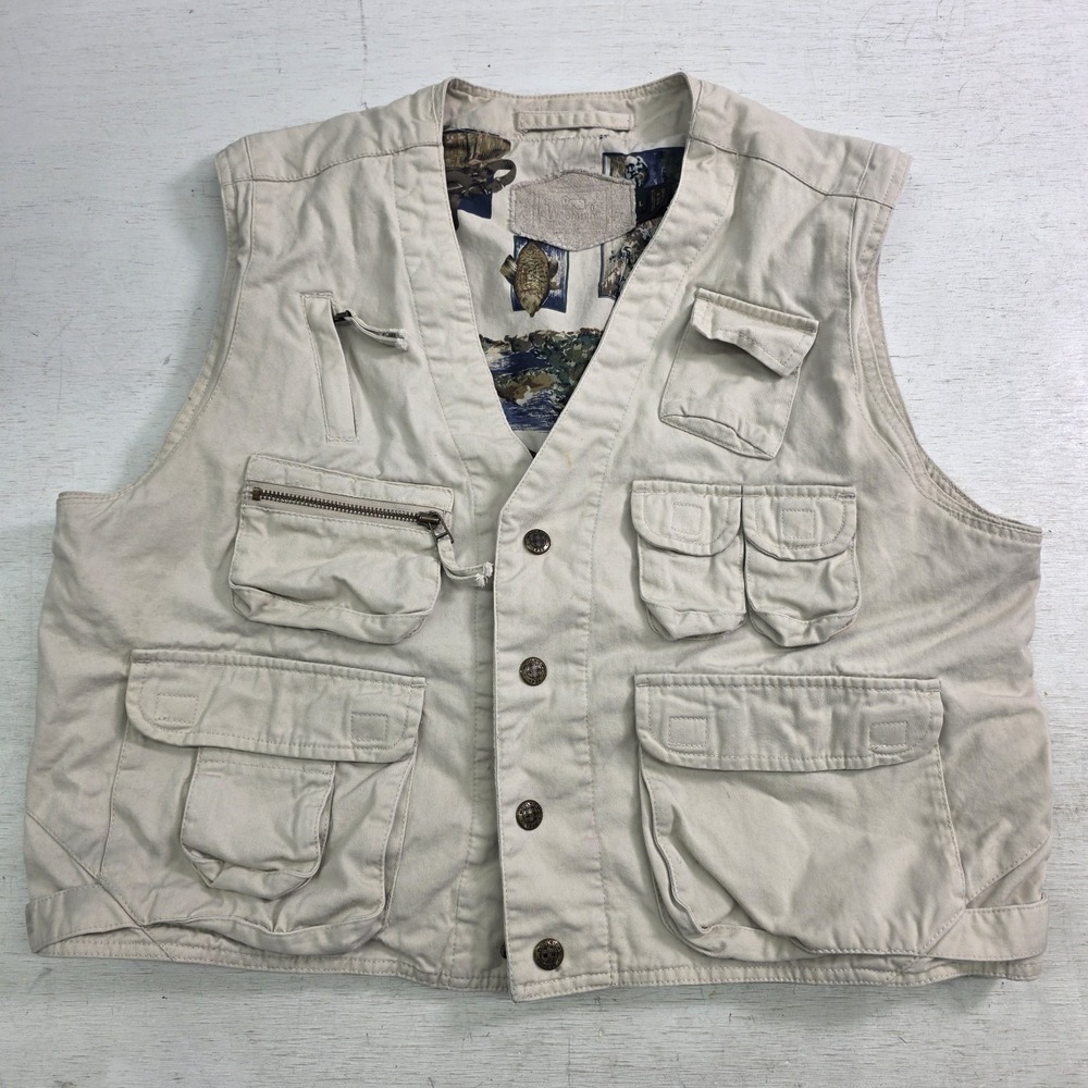 Vintage Woolrich Fly Fishing Art Lined Utility Cargo Vest Tan Pockets Men's Sz L